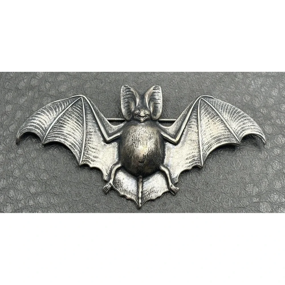 Vintage Bat Victorian Revival Brooch Pin Repousse Silver Tone Halloween Gothic